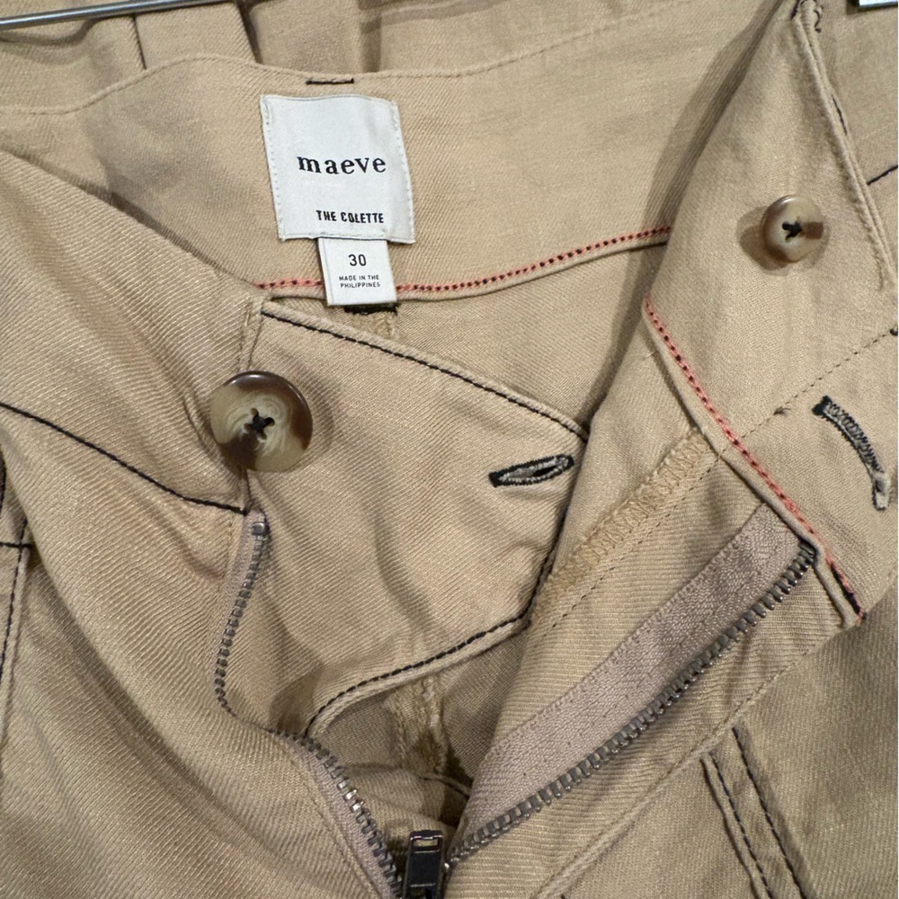 Khaki The Colette Contrast-Stitch Linen Crop Wide-Leg Pants by Maeve 30 - Picture 7 of 7